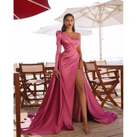 pink prom dresses mermaid side split formal long evening gowns one shoulder long sleeves satin pleated designer lady dress hot