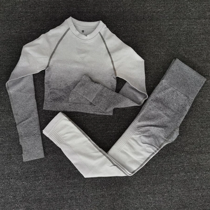 

Women Ombre Seamless yoga set Fitness Sports Suits GYM Cloths long sleeve top High Waist leggings Workout clothing crop tops