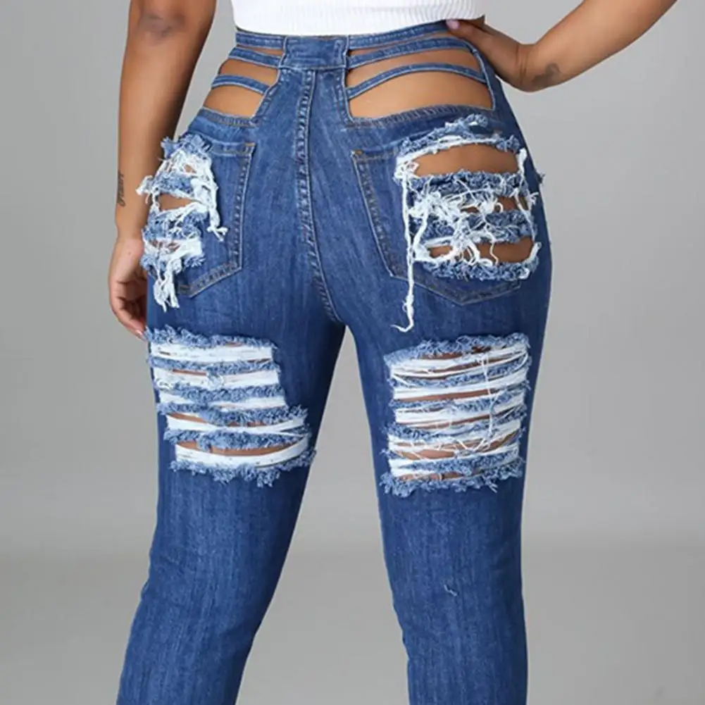 

2021Fashion Hot Sale Women Jeans Ripped Hole Tassel Trousers Slim Solid Color Stretchy Denim Pants Daily Wear Look Thin Straight