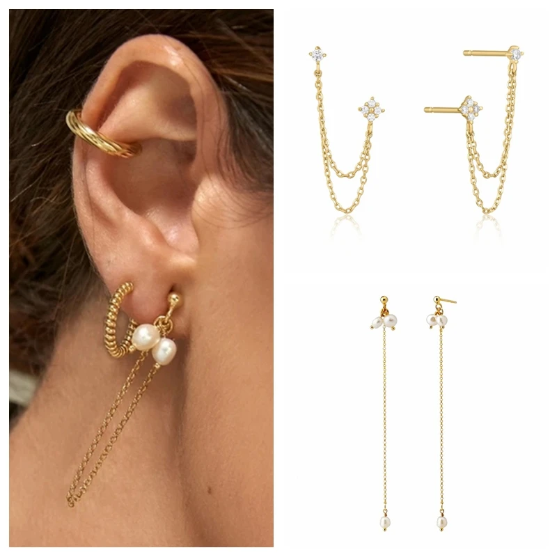 

BOAKO 925 Sterling Silver Piercing Zircon Stud Earrings for Women Korean Personality Tassel Chians Pearl Earring Luxury Brincos