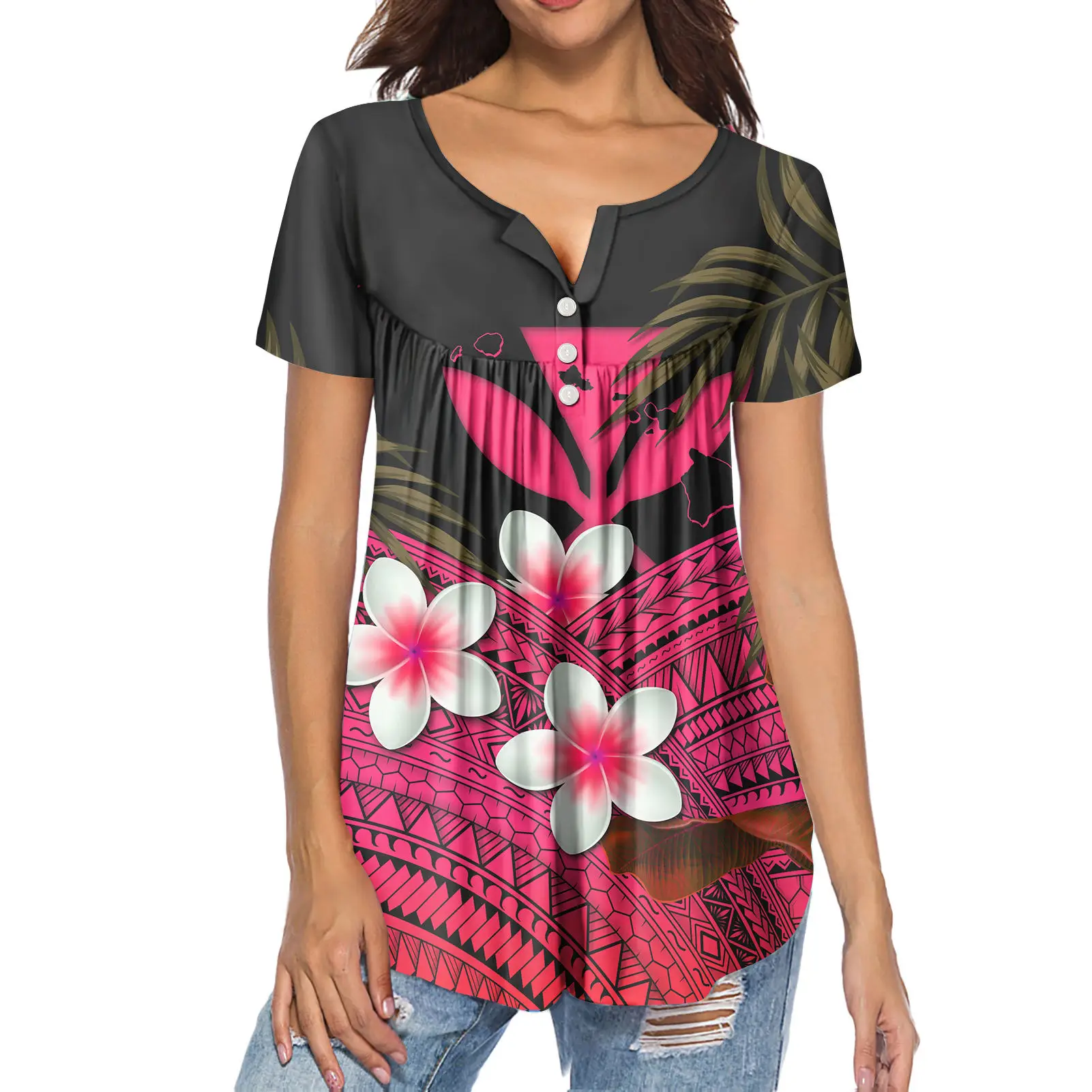 

Женская блузка с коротким рукавом и V-образным вырезом