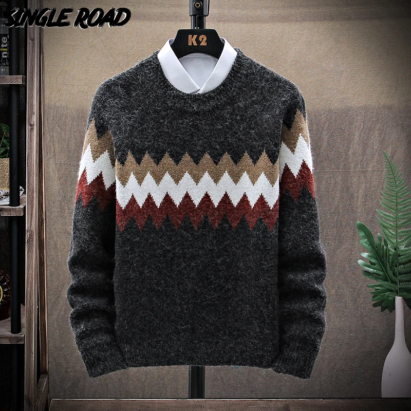 

Single Road Mens Knitted Sweater Men 2021 Winter Bohemian Vintage Patchwork Sweaters Pullover Jumper Male Korean Sweater Men