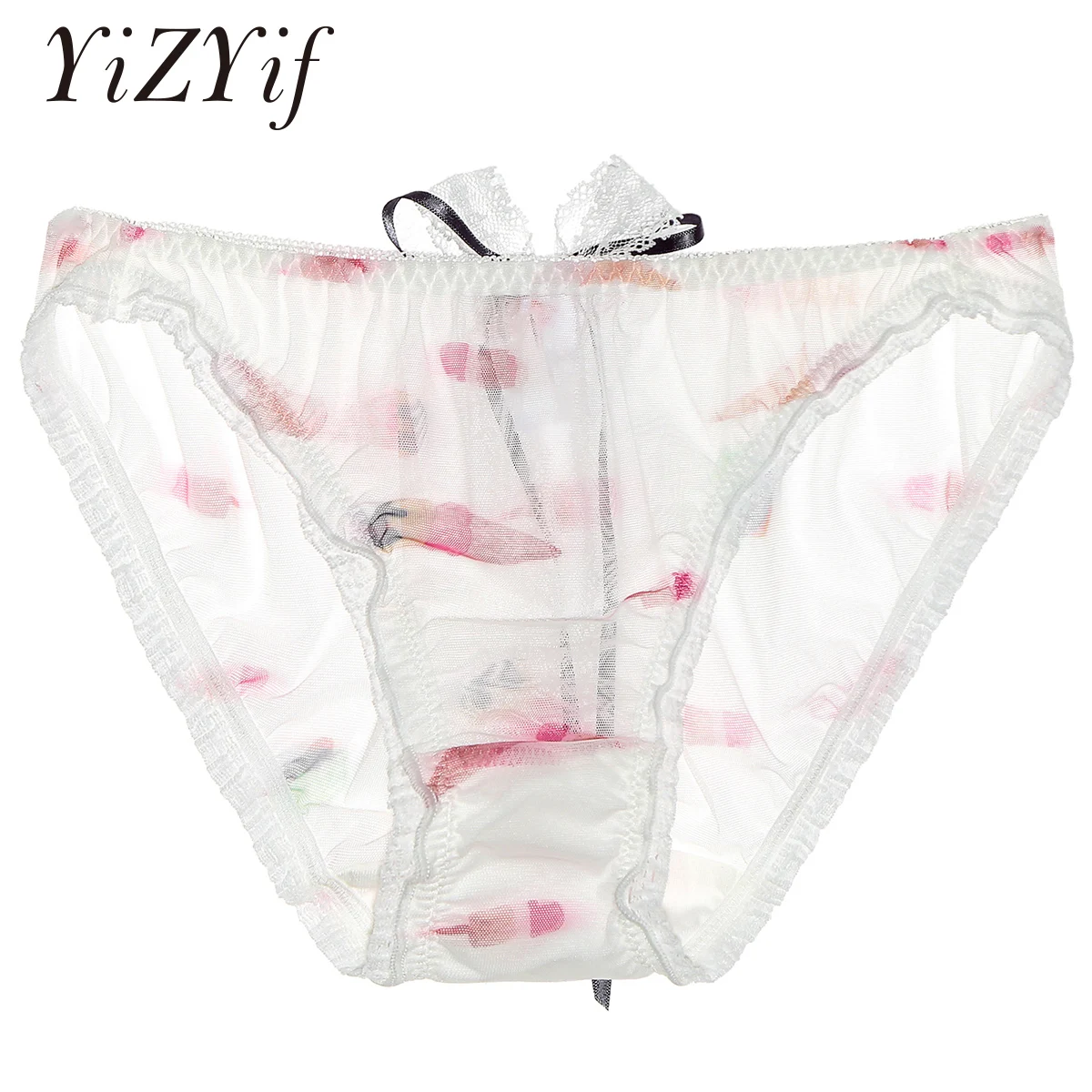 

Gay Mens Sissy Crossdress Cosplay Briefs Sexy See-through Mesh Panties Elastic Waist Lace Bowknot Adorned Cute Briefs Underwear