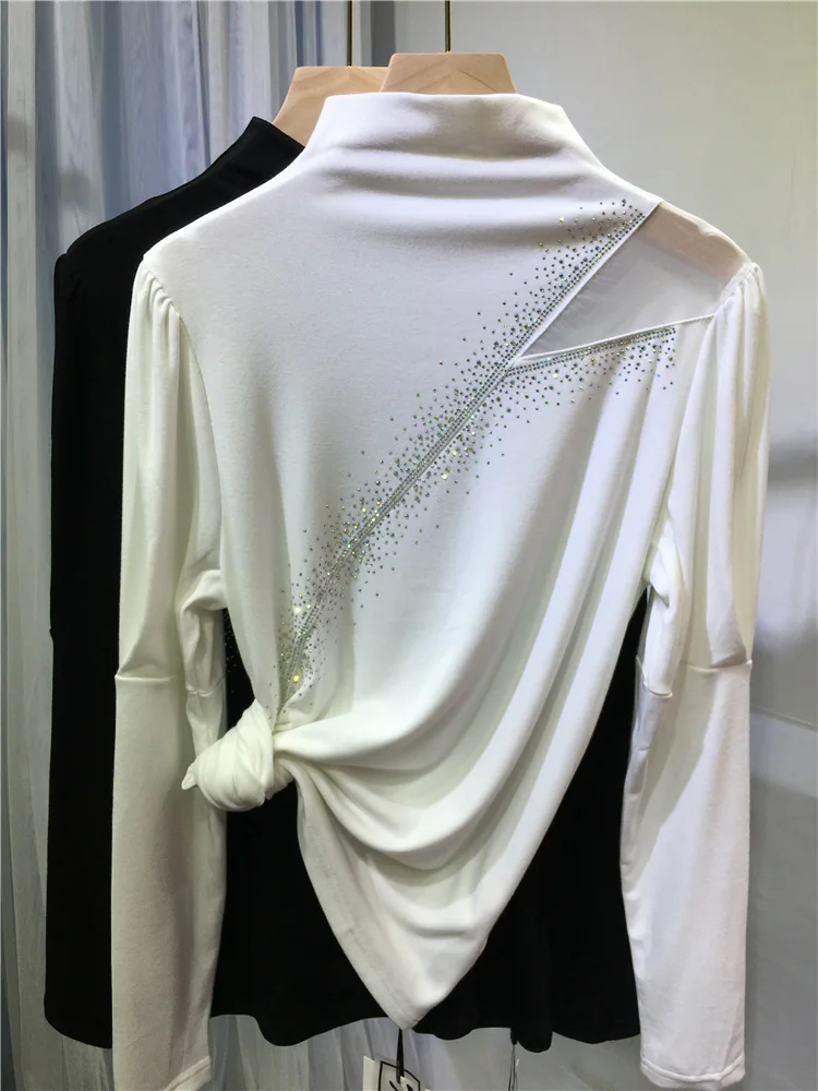 

Spring 2021 New European Hot Rhinestone Sexy off-the-Shoulder Half Turtleneck Bottoming Shirt Inner Black T-shirt Tops Outerwear
