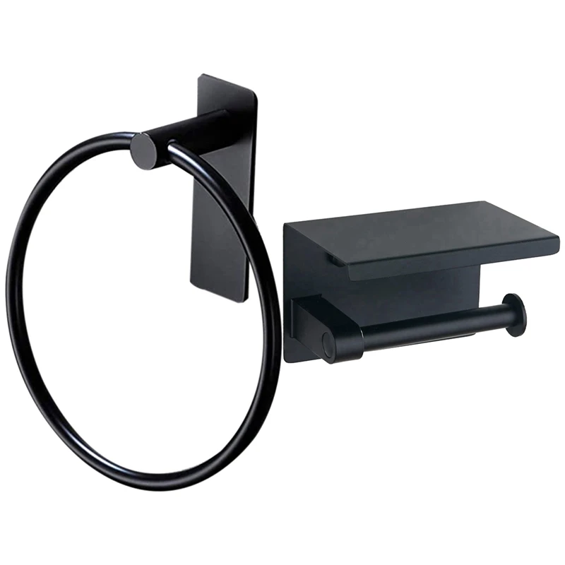 

2Pcs Towel Ring/Hand Towel Holder - Self Adhesive Round Towel Rack Hand Towel Bar For Bathroom, Stainless Steel Black