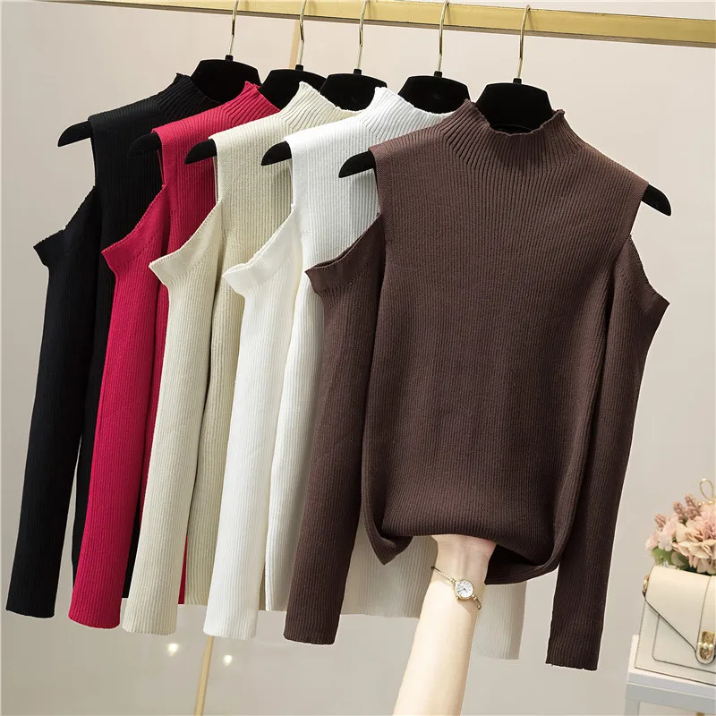 Фото Трикотажные пуловеры SINGREINY с открытыми плечами модные корейские базовые вязаные