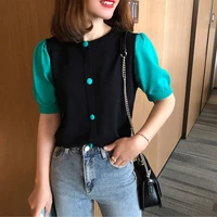 short sleeve knit female new spring and summer 2020 t shirt color matching thin hubble bubble sleeve blouse