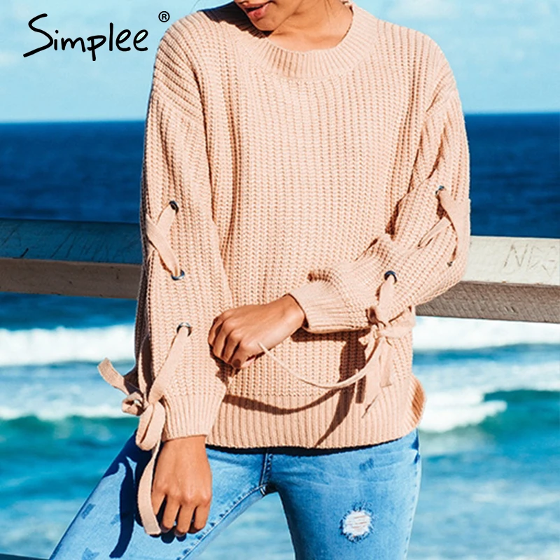 Женский белый вязаный свитер Simplee с рюшами повседневный пуловер круглым вырезом