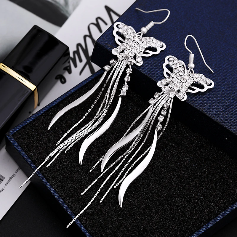 Hesiod Роскошные бабочки свадебные украшения супердлинные блестящие подвески с кристаллами Роскошный серебряный цепочка Капля женщины вечеринка подарок.