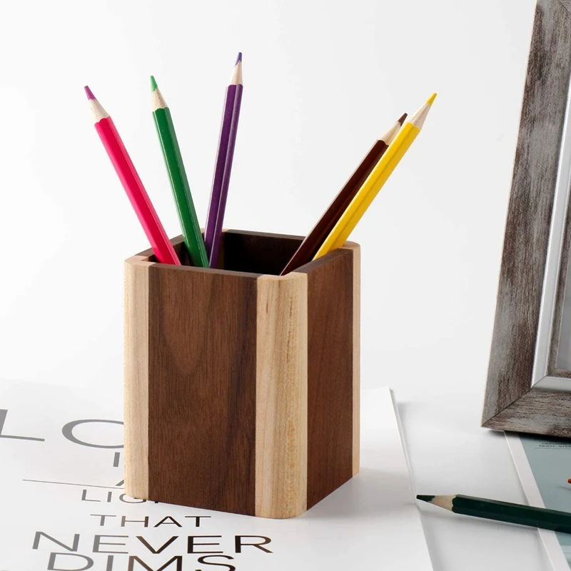 

Wood Desk Pen Holder Pencil Organizer Desktop Office Pencils Stand Holder Simple(Maple Side Walnut Center)