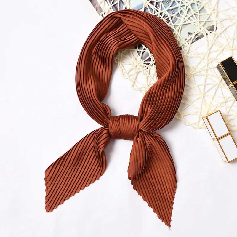 

Women's 2020 spring and summer new monochrome pleated print silk 55*55cm casual simple wild scarf