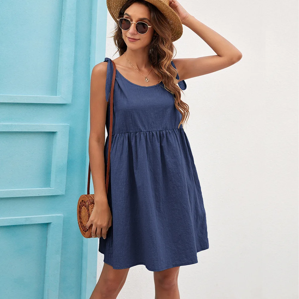 

Solid Leisure Belt Doll Dress for Women 2021 Summer O-Neck Spaghetti Strap Sleeveless Pure Color Fashion Sexy Loose Dresses