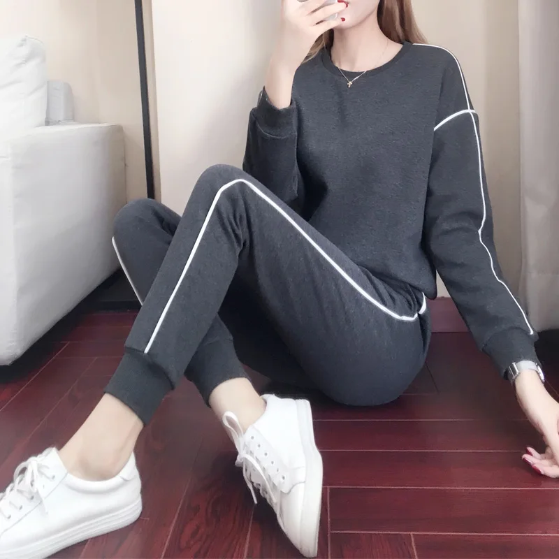 

Autumn Long Sleeve Women Set Solid Color Top Long Pant 2 Piece Female Set Winter O Neck Women Large Size Elastic Waist Tracksuit