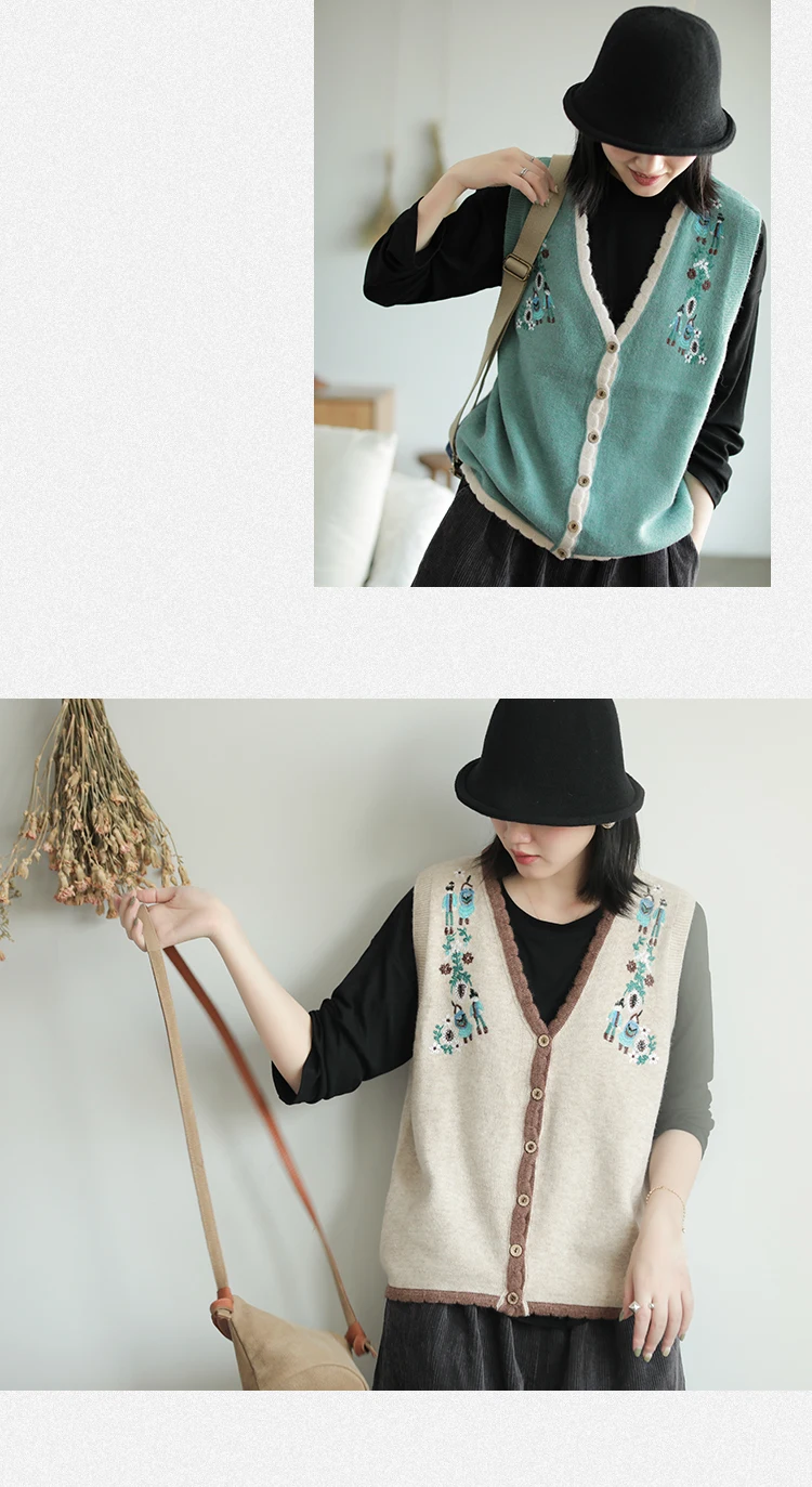 Johnature для женщин Женский вязаный жилет с вышивкой осенний винтажный однобортный свободный Универсальный хлопковый жилет с v-образным вырезом