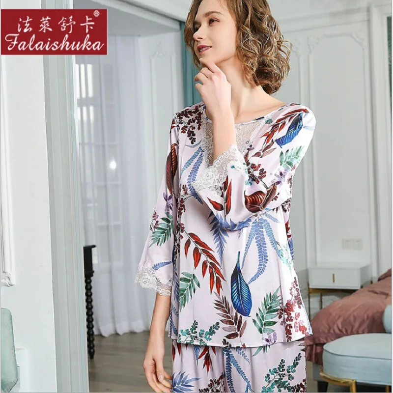 Woman Sexy Silk Pajamas Sets Stain Floral Lace Print Summer 2020 Lady Plus Size Fashion Pyjamas Set Sleeve Female 2piece sets