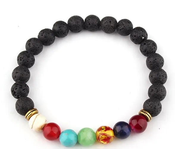Браслет на эластичной основе из черного многоцветного агата Оникс Чакра Хиллинг Рейки Будда Йога, регулируемый, с вулканическими камнями cb35v.