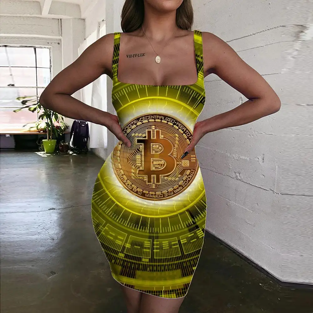 

Giyu Brand Bitcoin Dresses Women Currency Sundress Psychedelic Halter Sleeveless Creativity Vestido Sexy Womens Clothing