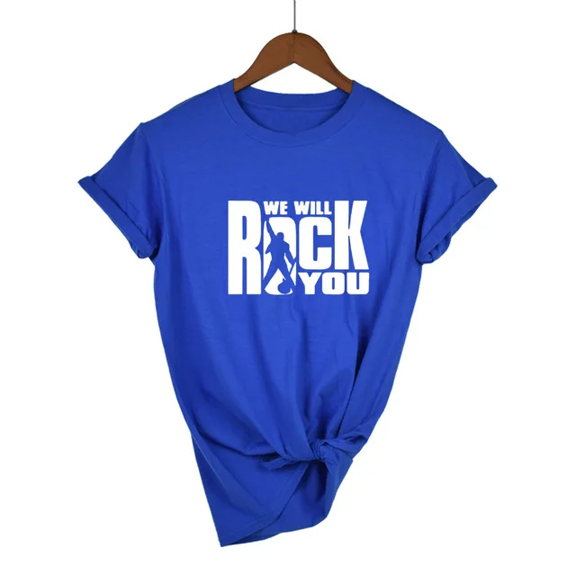 Blue-W We Will Rock You Женская Футболка Летний стиль королева рок группа футболка короткий рукав хлопок рок-ролл женские топы - Цвет: Blue-W