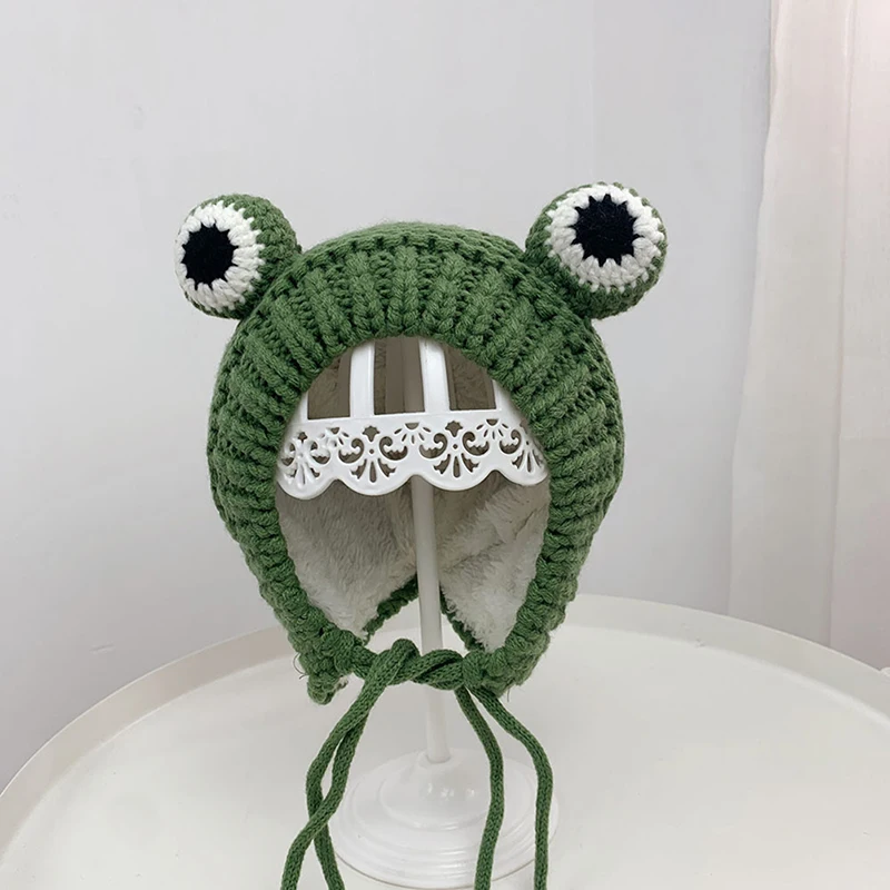 

Solid Color Cartoon Frog Knitted Hat Winter Warm Hat Skullies Cap Beanie Hat For Kid Boy And Girl 44-50cm Plus Cashmere