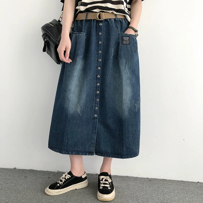 

Denim Skirt Female 2021 Version of The New Loose Large Size Mid-length Section All-match High Waist Bag Hip A-line Skirt Trend