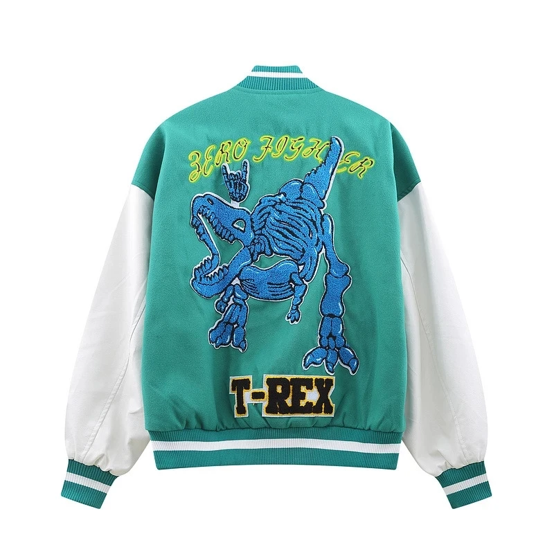 Hip Hop Varsity Baseball Jacket Men Skeleton Dinosaur Embroidery Patchwork College Coat 2021 Winter Streetwear Bomber Jackets
