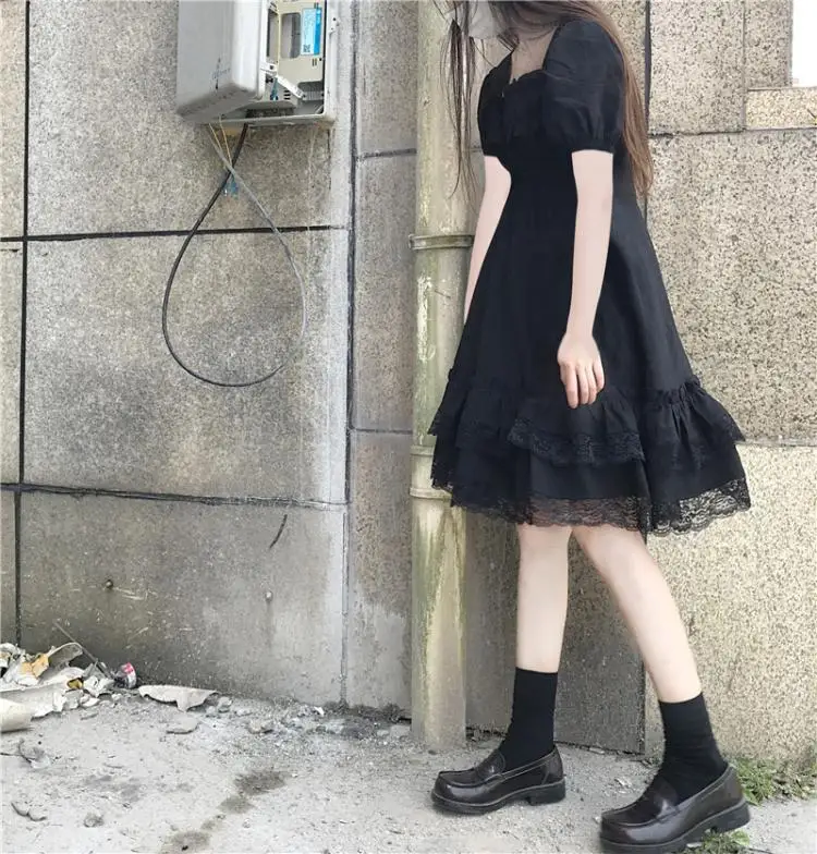

2020 New Summer Elegant Girly Dress Female Sweet Kawaii Woman Black Dresses A-Line Square Collar Puff Sleeve Lace Lolita Dresses