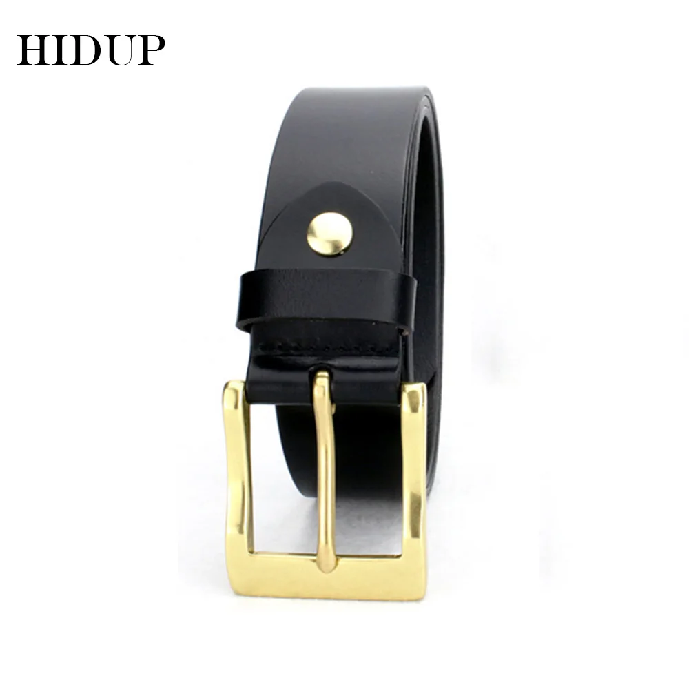 HIDUP Top Quality Design Cow Skin Belt Gold Brass Pin Buckle Belts Men's Casual Style Genuine Leather Jeans Accessories NWWJ145