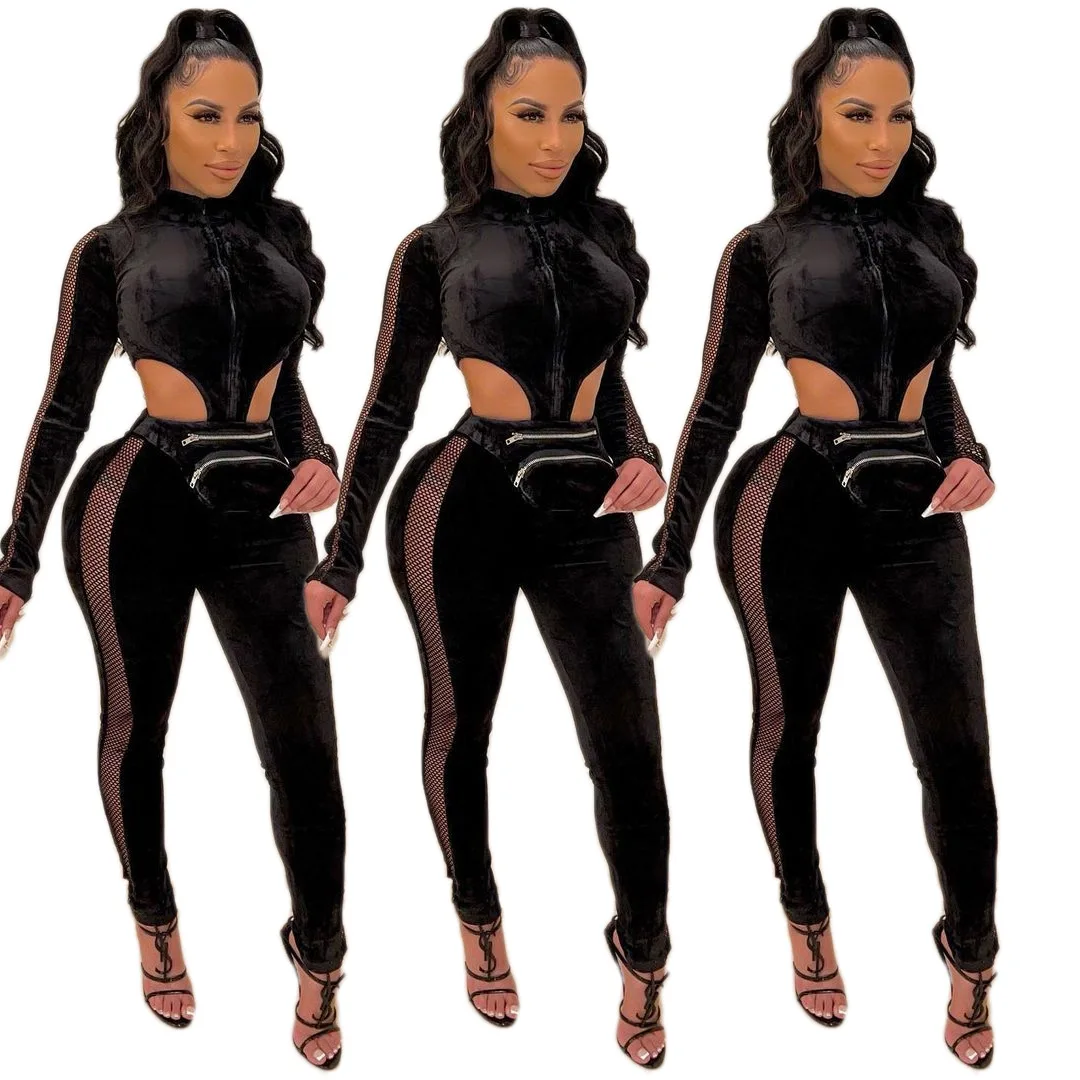 

Sexy Women Jumpuist Velvet Hollow Out Bodycon High Streetwear Long Romper Women Jumpsuit Overalls