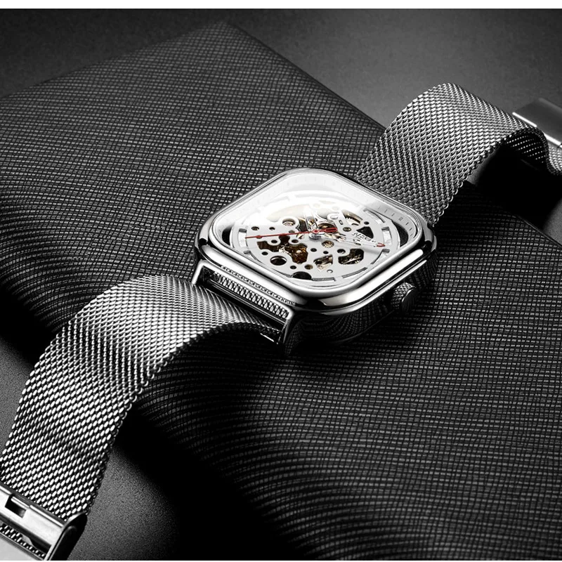 

New Fashion Square Skeleton Automatic Watches for Men Self-winding Transparent Case Mechanical Watch 316L Steel Milanese Montre
