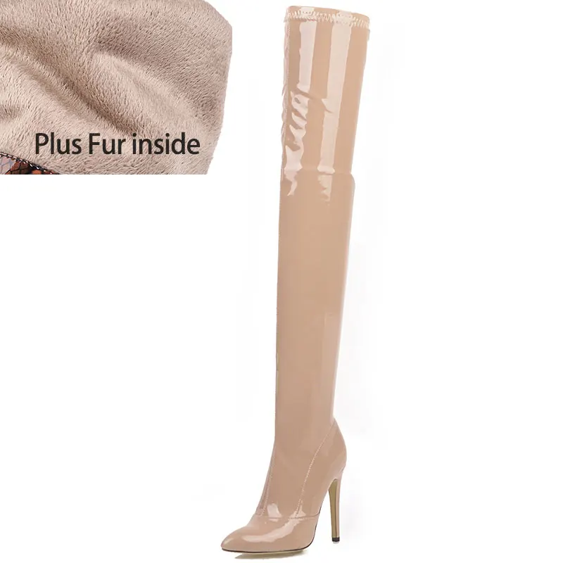 plush apricot Sgesvier плюс Размеры 46 сапоги до бедра Для женщин Лакированная кожа обувь с гибкой подошвой Для женщин Повседневное на молнии; женские зимние теплые Изящные высокие сапоги G787 - Цвет: plush apricot