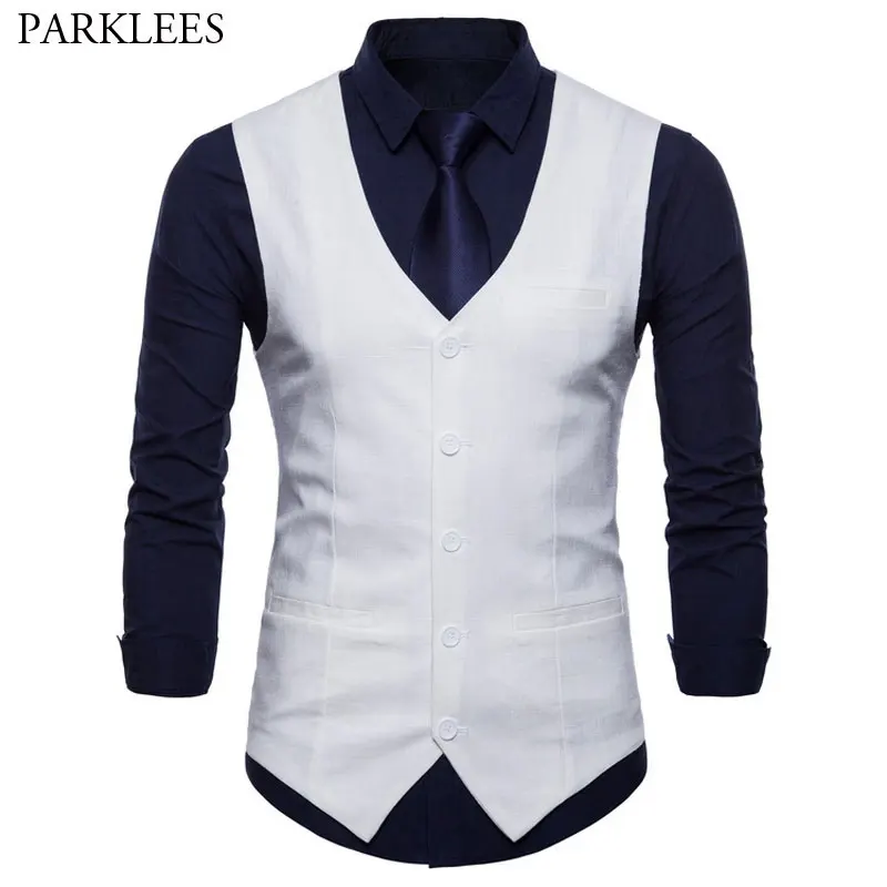 

White Mens Casual Suit Vest Slim Fit Single Breasted Sleeveless Waistcoat Men Business Wedding Groom Tuxedo Vests Gilet Homme