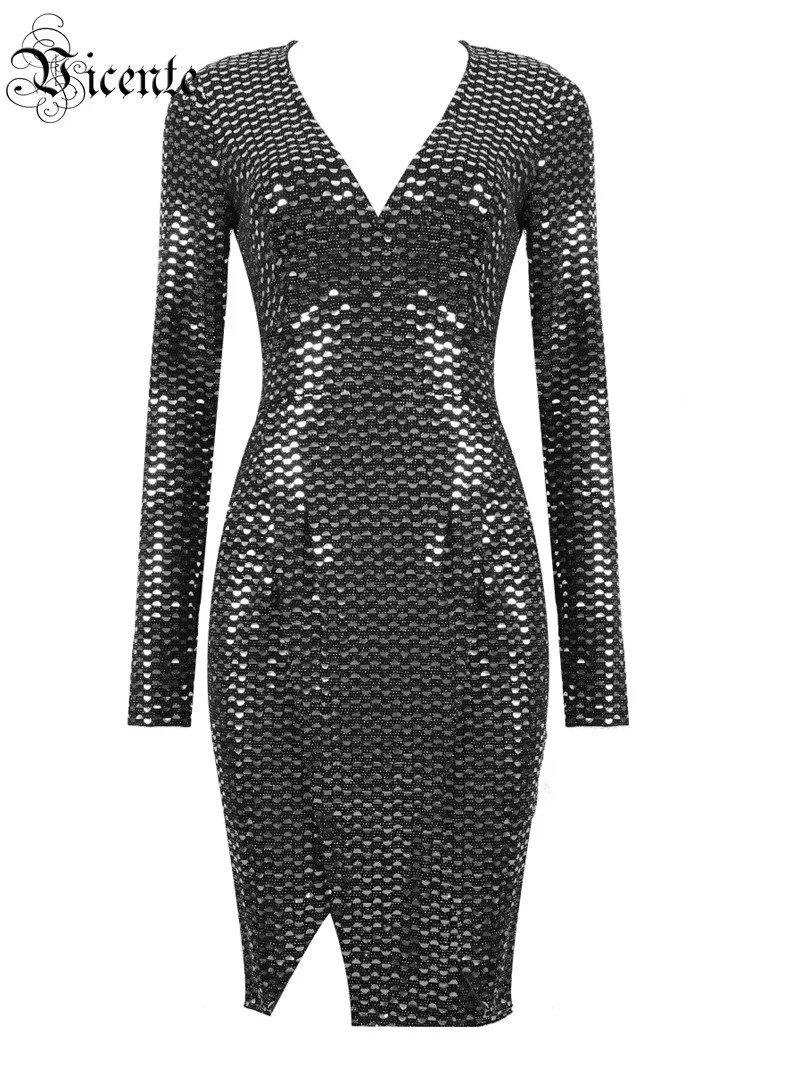 Женское платье с блестками Серебряное длинным рукавом и треугольным вырезом