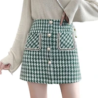 perhaps u elegant autumn houndstooth woolen pearl buttons pockets plaid zipper a line slim bodycon pencil mini short skirt s3014