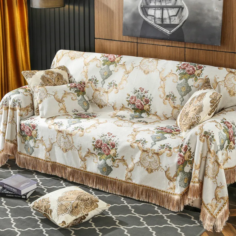 

European Luxury Sofa Couch Cover 1/2/3/4 Seater Tassels Chenille Sectional Sofa Towel Throw Jacquard Floral Recliner Slip Covers