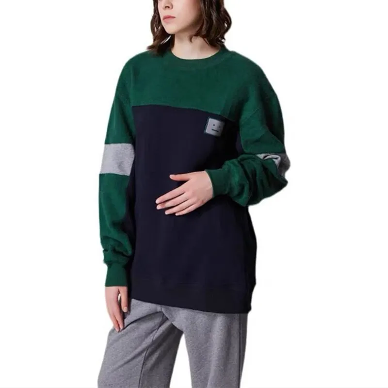 

Women and Men Faux Lamb Wool Sweatshirt Color Patchwork Smiley Loose O-Neck Stitching Casual Unisex Long Sleeve Cotton Pullover