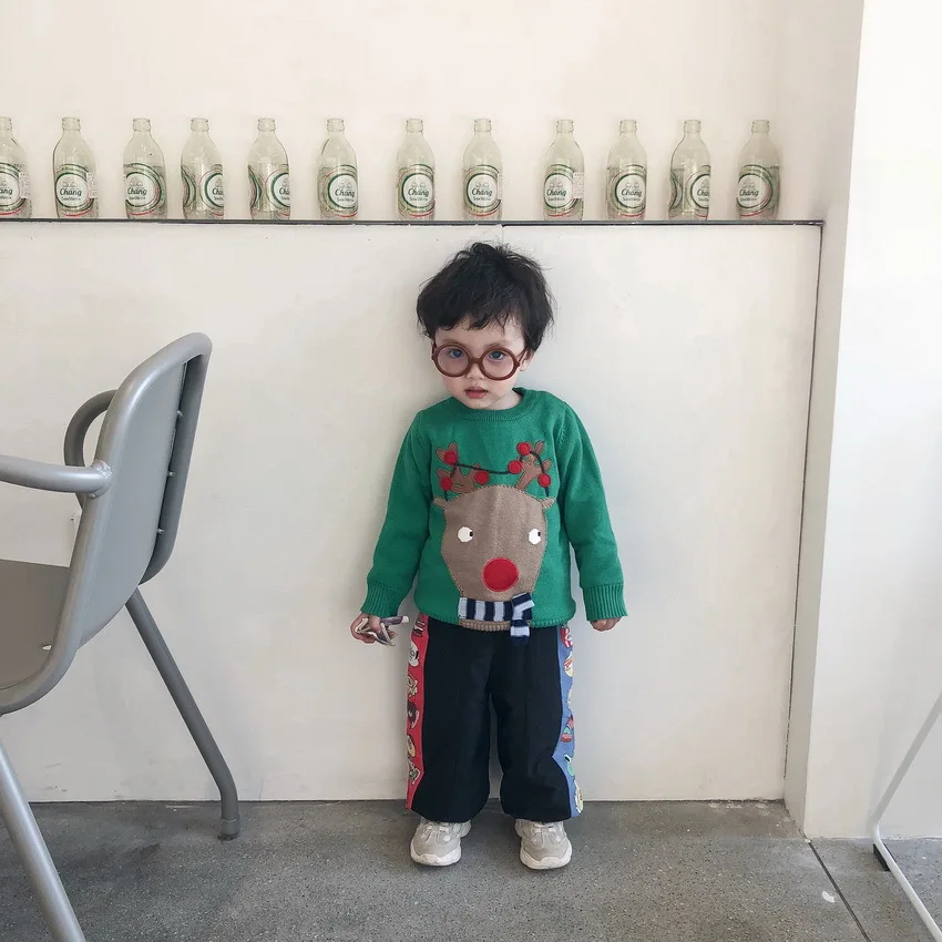Tonytaobaby/зимняя одежда; Новинка; детская одежда для мальчиков и девочек; милый плотный свитер с зеленым оленем; Рождественская одежда для малышей