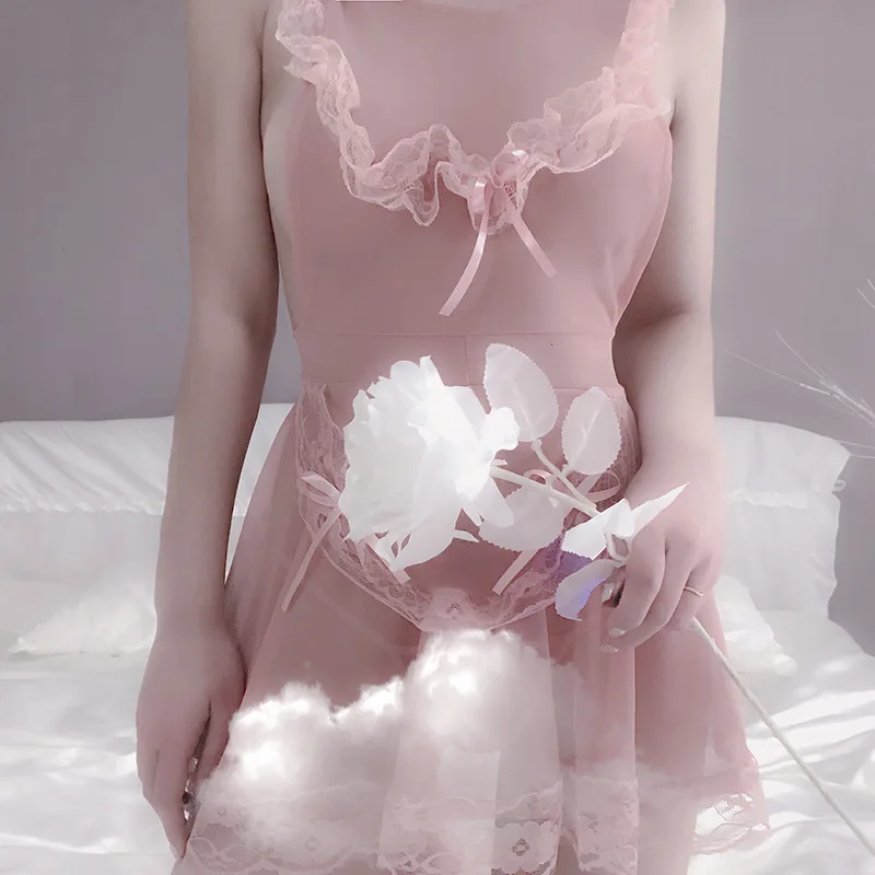 Сексуальное нижнее белье розовая ночная рубашка горничной прозрачная кружевная