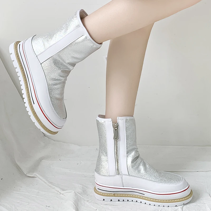 Rimocy Chunky Platform Mid Calf Boots Women Silver Pu Leather Waterproof Shoes Woman Fashion Mixed Color Zipper Mujer |