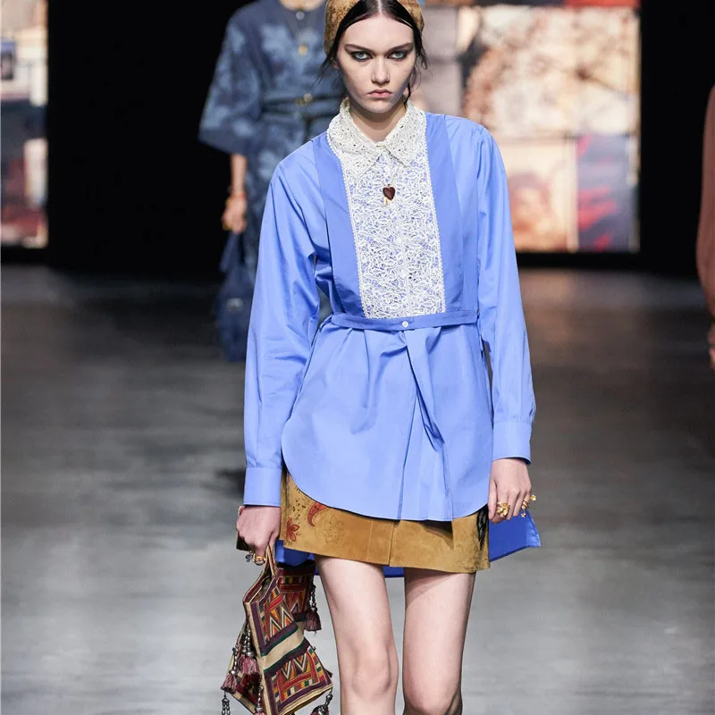 

2021 Spring Runway New Retro Ethnic Style Water-Soluble Flowers Hollow Long-Sleeved Bowknot Loose Mini Casual Shirt Dress