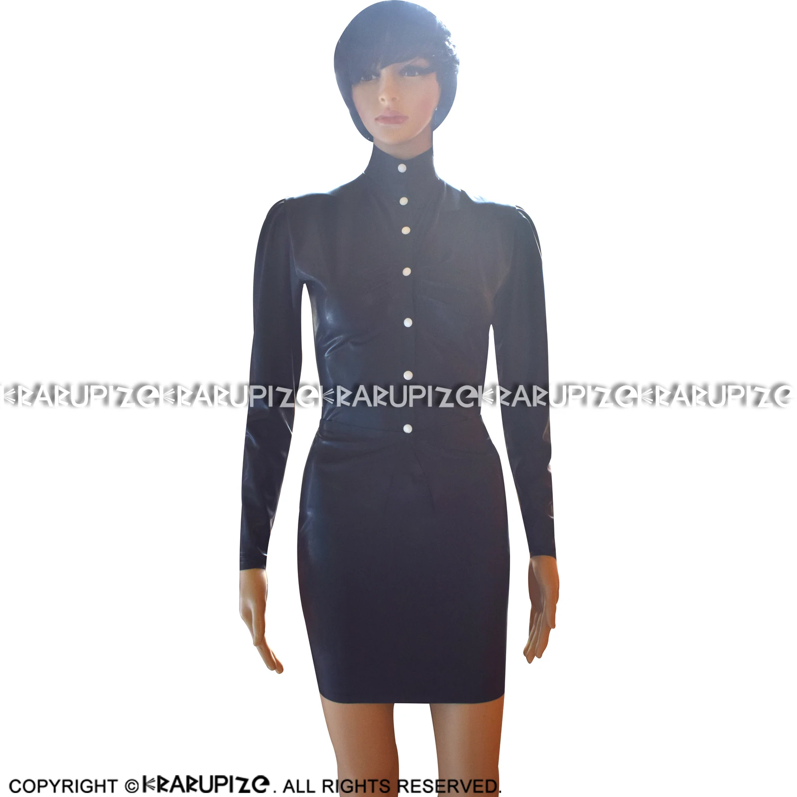 

Black Sexy Latex Blouse With Puff Long Sleeves Buttons At Front And Rubber Skirts Sets YF-0204