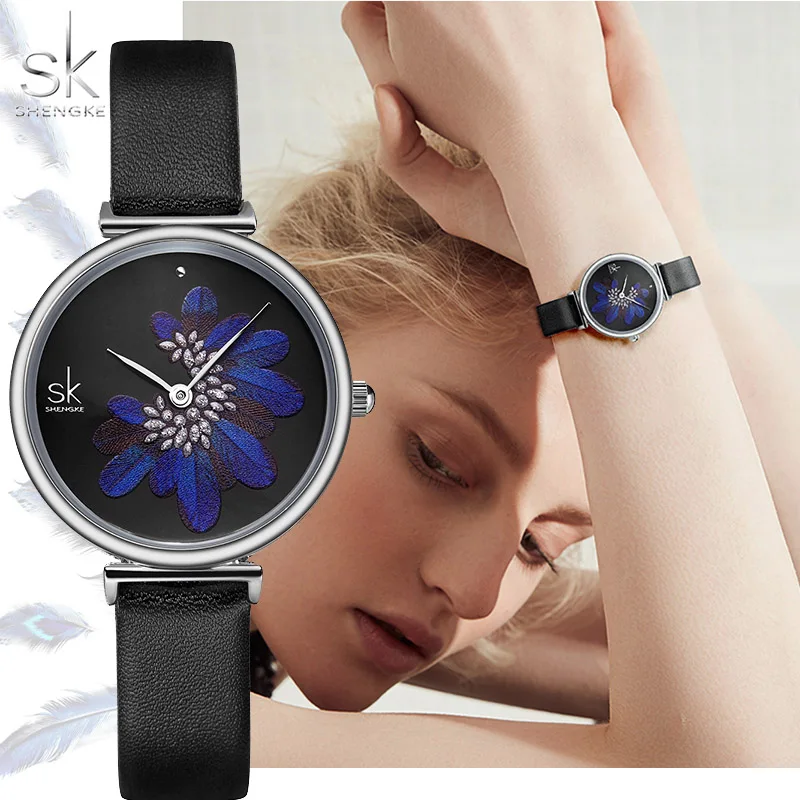 Часы наручные Shengke женские кварцевые брендовые Роскошные с кожаным ремешком