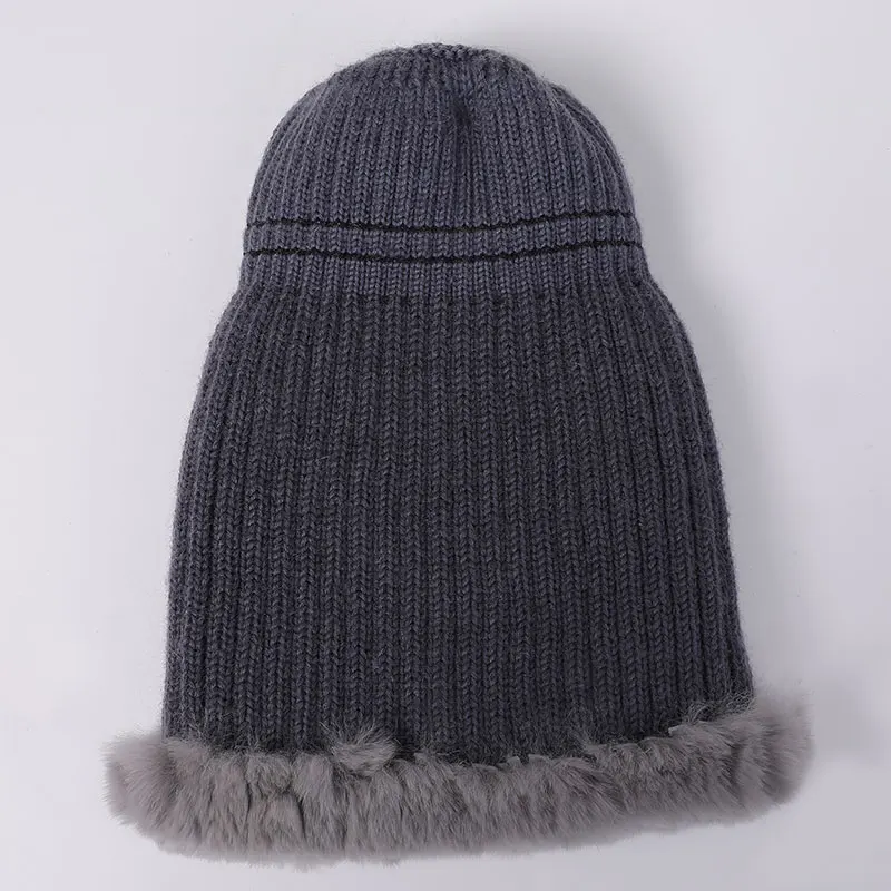 Женские шапки настоящий мех кролика однотонные шапочки с большим помпоном из