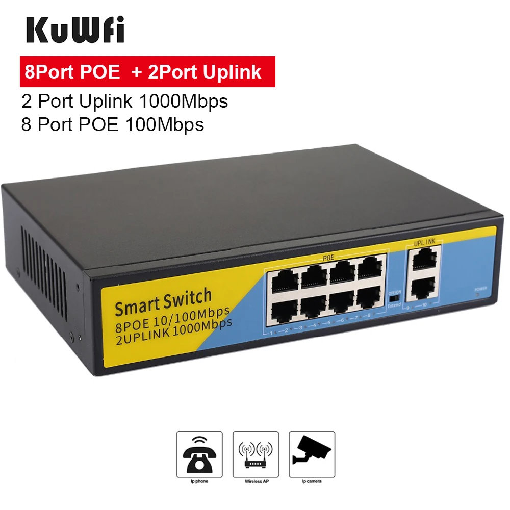 

KuWFi 100/1000Mbps POE Switch IEEE 802.3 af/at 8port Network Switch Ethernet Standardized RJ45 Port for POE Cameras