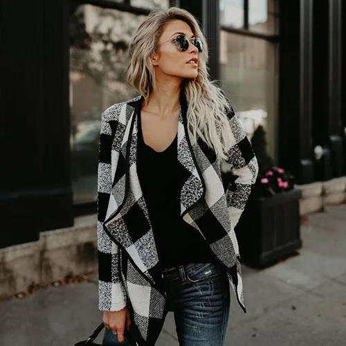 Black White Клетчатый осенне-зимний женский кардиган, корейский модный свитер, chompas para mujer, повседневный женский кардиган, пальто, одежда BDR684 - Цвет: Black White
