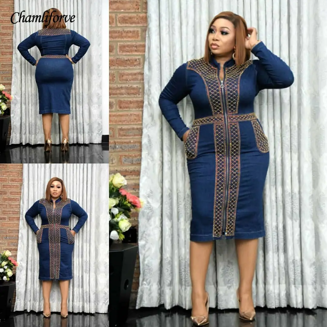 

African Dresses For Women 2021 Denim Pencil Birthday Party Midi Dress New Elegant Long Sleeve Bodycon Dress Plus Size 4XL 5XL
