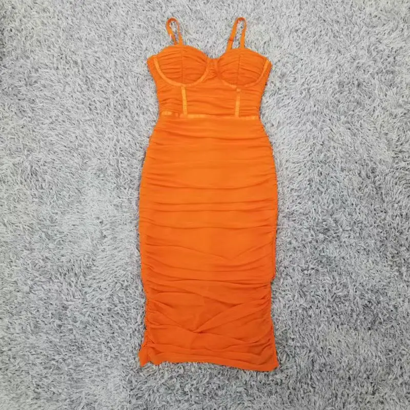 

2020 New Women Sexy Designer Lace Mesh Ruched Orange Bandage Dress Ladies Elegant Split Midi Bodycon Party Dress Vestido