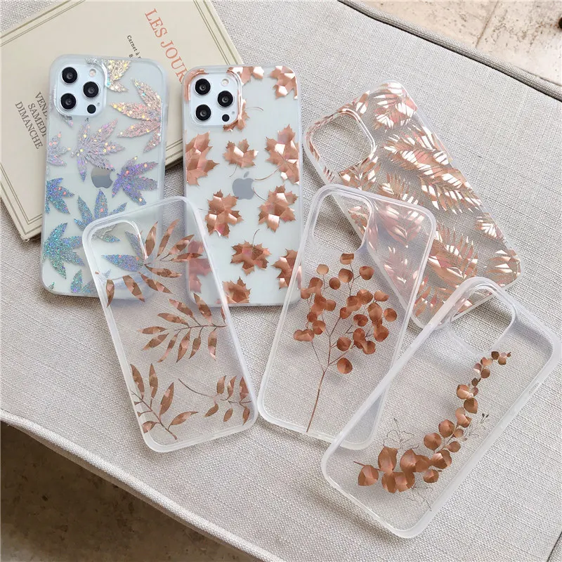 Electroplated Fashion Leaves Glitter Phone Case For iPhone 11 12 Mini Pro X XR XS Max 8 7 Plus SE 2020 Clear Soft IMD Back Cover