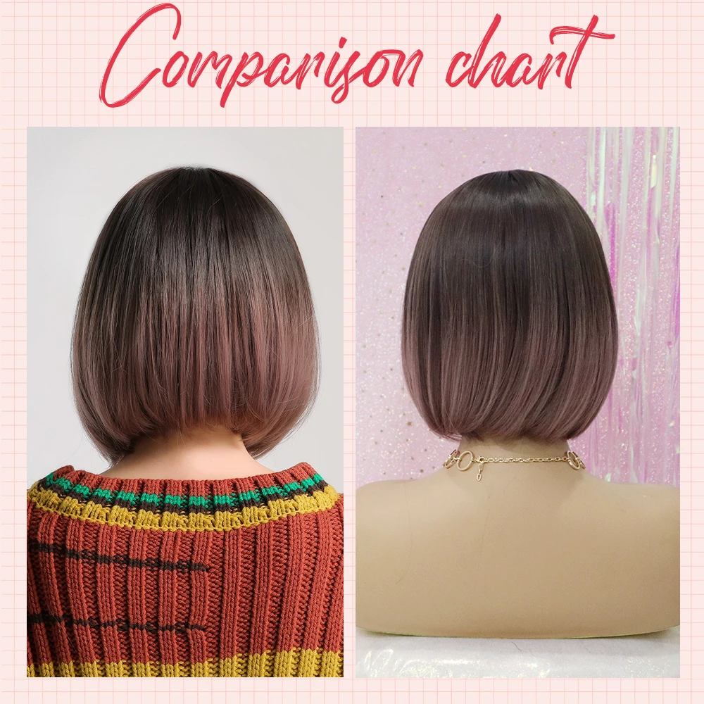 Inhaircube Bobo Straight Ombre Hair Synthetic Wigs with Bangs Heat Resistant Brown Purple Light Golden Wig Free Shipping |