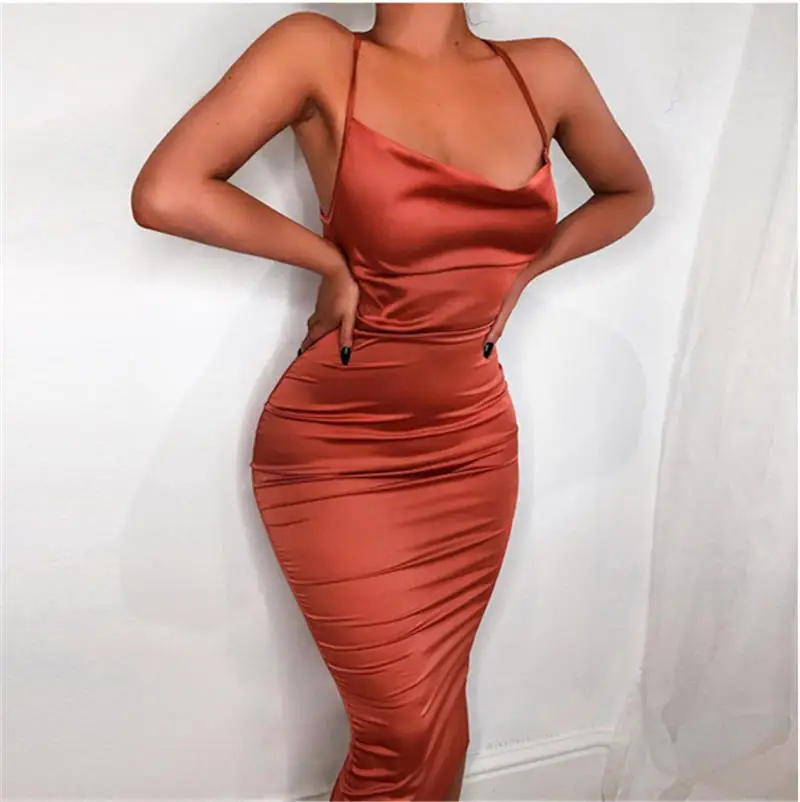 

2020 Summer Club Maxi Dress for Women Neon Color Satin Dress Sleeveless Backless Sexy Dress