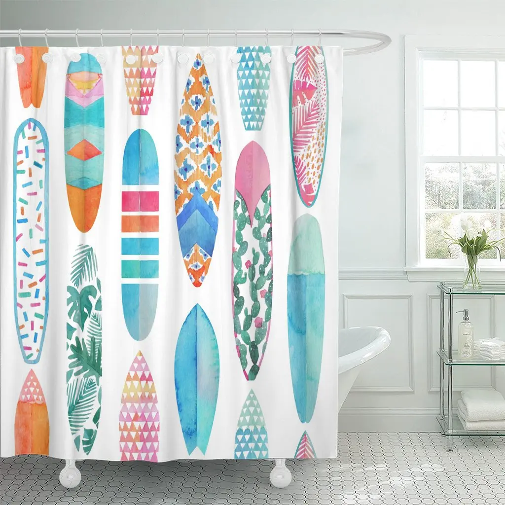 Blue Watercolor Surfboard Colorful Surfing Summertime in Watercolour Orange Shower Curtain Waterproof Polyester Fabric 72 x 78in
